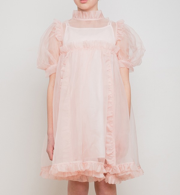 [PETITE AMALIE]Silk Organza Ruffle Dress - Pink